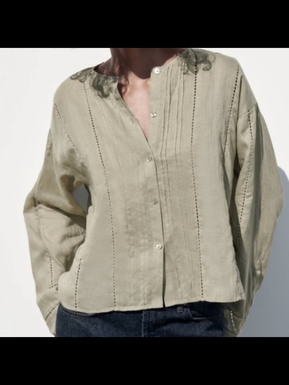 Zara  Olive Green Button-Up Linen Blouse